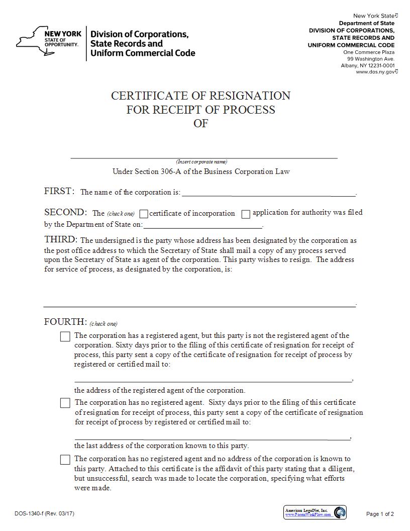 Certificate Of Resignation For Receipt Of Process {DOS-1340-f} | Pdf Fpdf Docx | New York