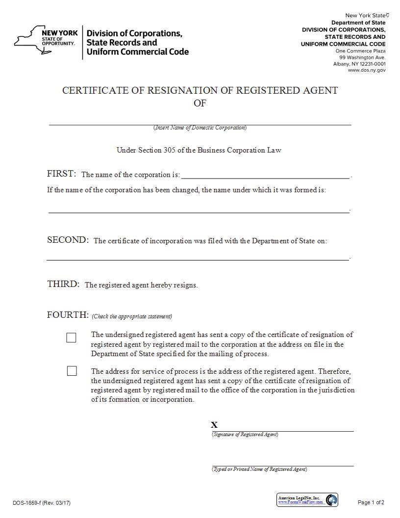Certificate Of Resignation Of Registered Agent {DOS-1659-f} | Pdf Fpdf Docx | New York