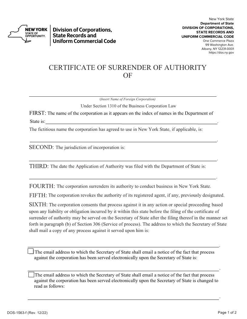 Certificate Of Surrender Of Authority Foreign Corporation {DOS-1563-f} | Pdf Fpdf Docx | New York