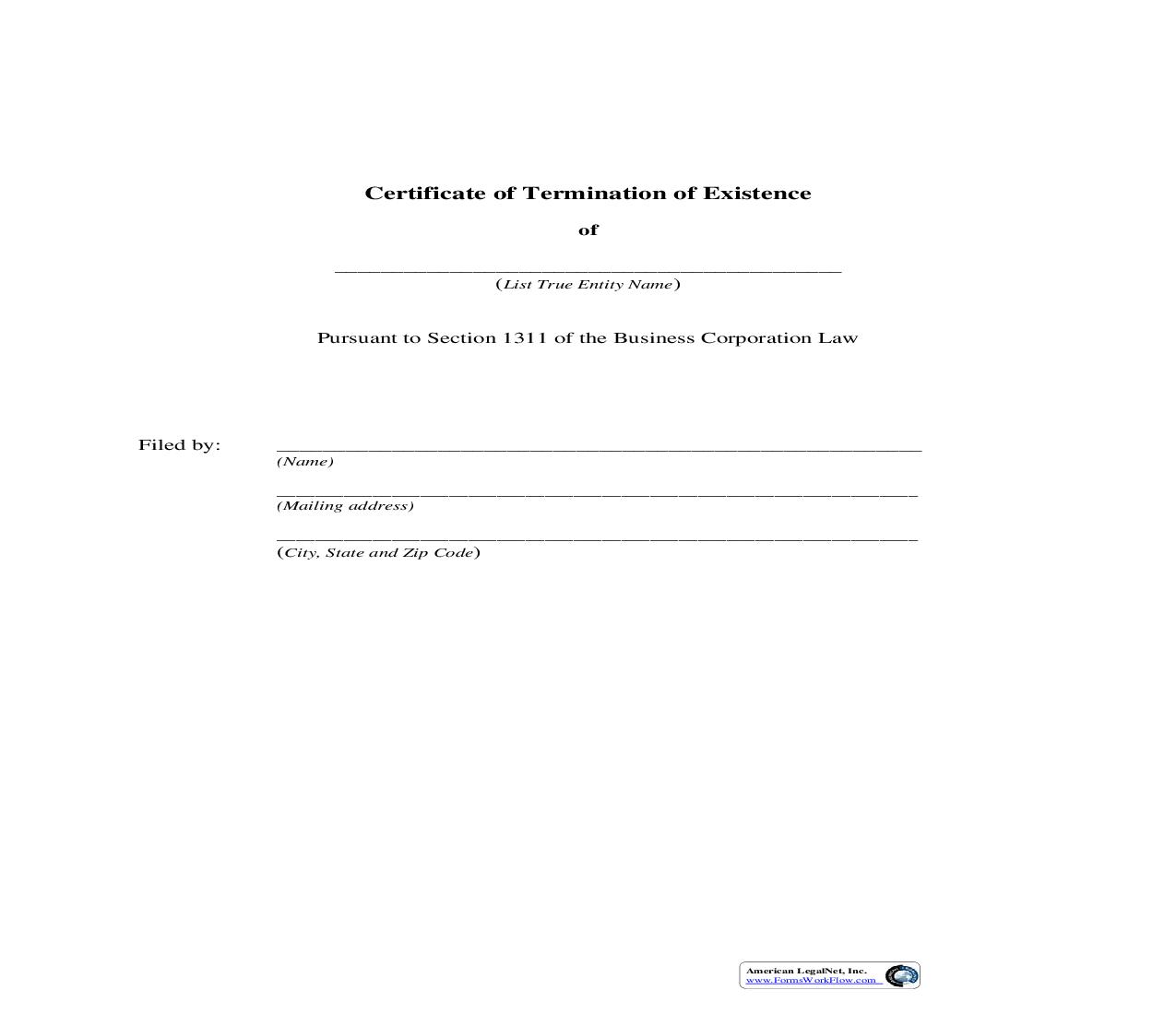Certificate Of Termination Of Existence (Of Foreign Corporation) Cover Sheet | Pdf Fpdf Doc Docx | New York