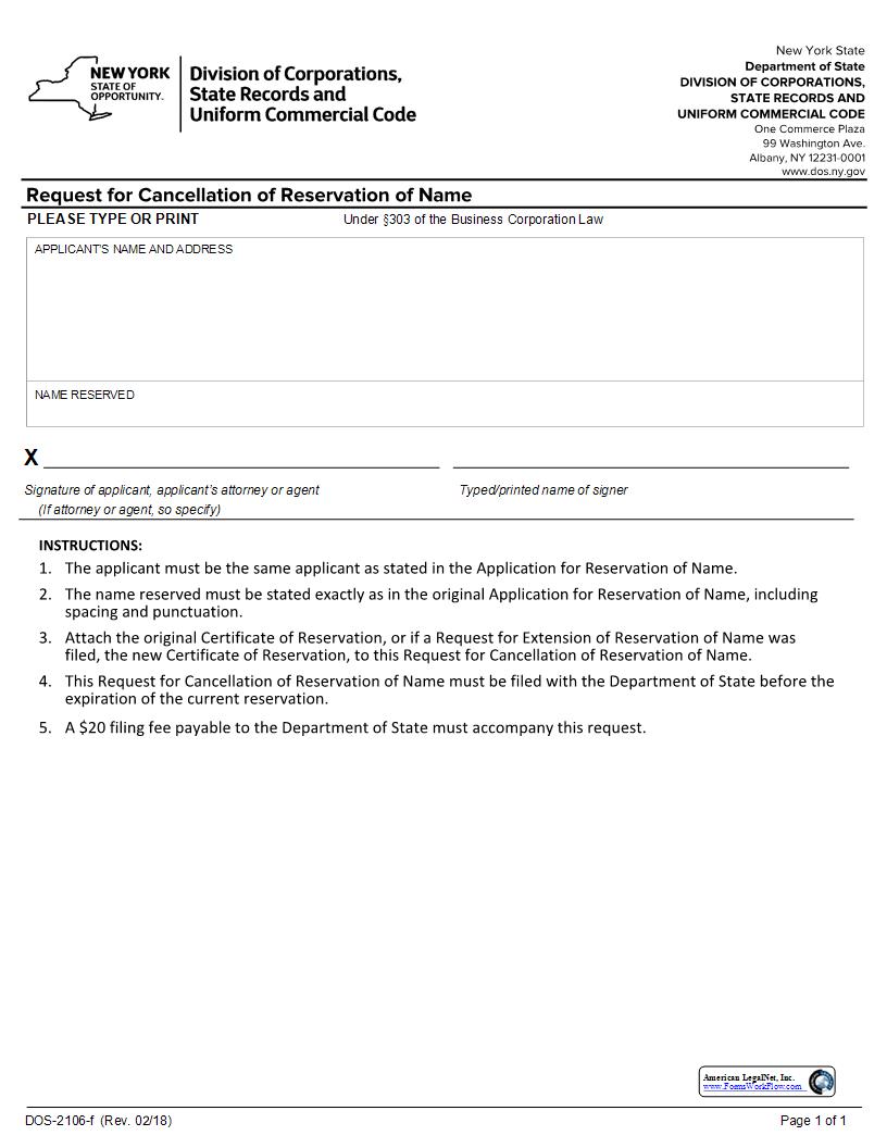 Request For Cancellation Of Reservation Of Name {DOS-2106-f} | Pdf Fpdf Docx | New York