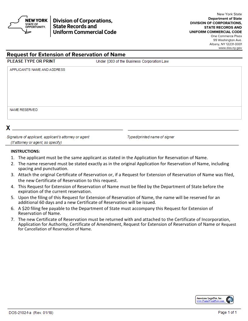 Request For Extension Of Reservation Of Name {DOS-2102-f} | Pdf Fpdf Docx | New York