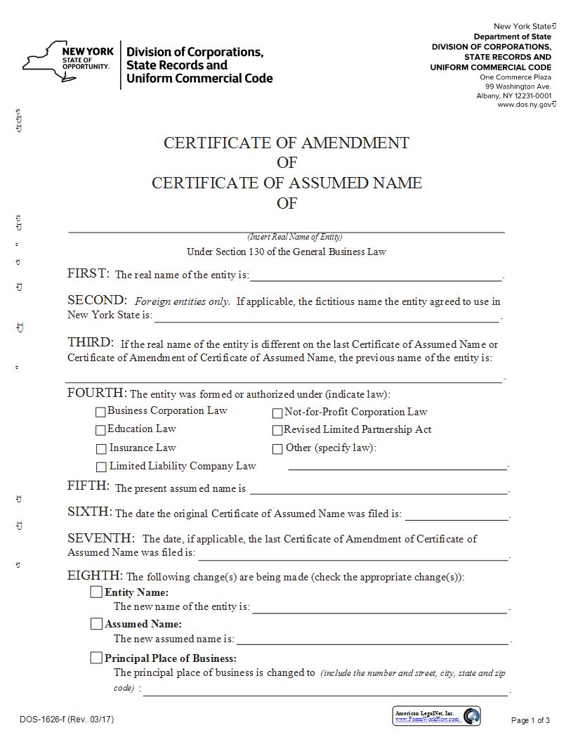 Certificate Of Amendment Of Certificate Of Assumed Name {DOS-1626-f} | Pdf Fpdf Docx | New York