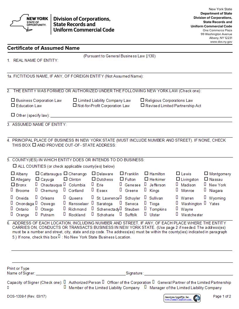 Certificate Of Assumed Name {DOS-1338-f} | Pdf Fpdf Docx | New York