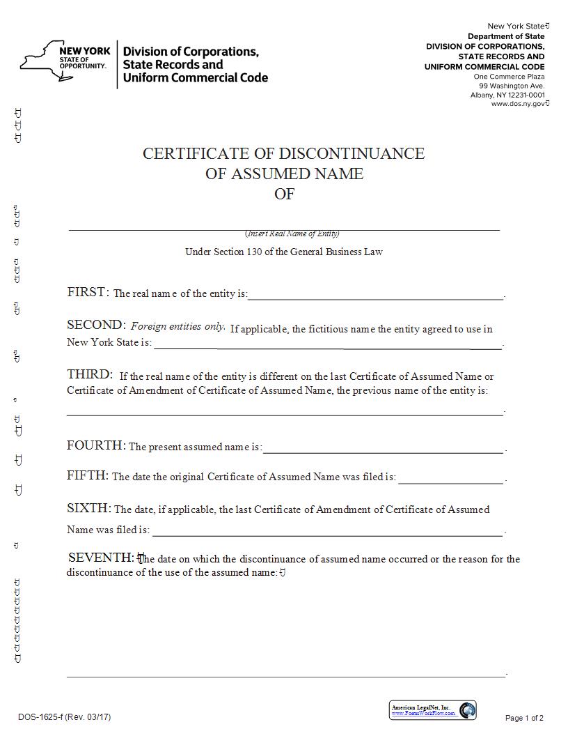 Certificate Of Discontinuance Of Assumed Name {DOS-1625-f} | Pdf Fpdf Docx | New York