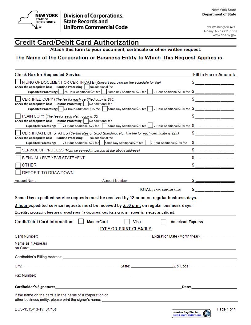 Credit Card Debit Card Authorization {DOS-1515-f} | Pdf Fpdf Docx | New York