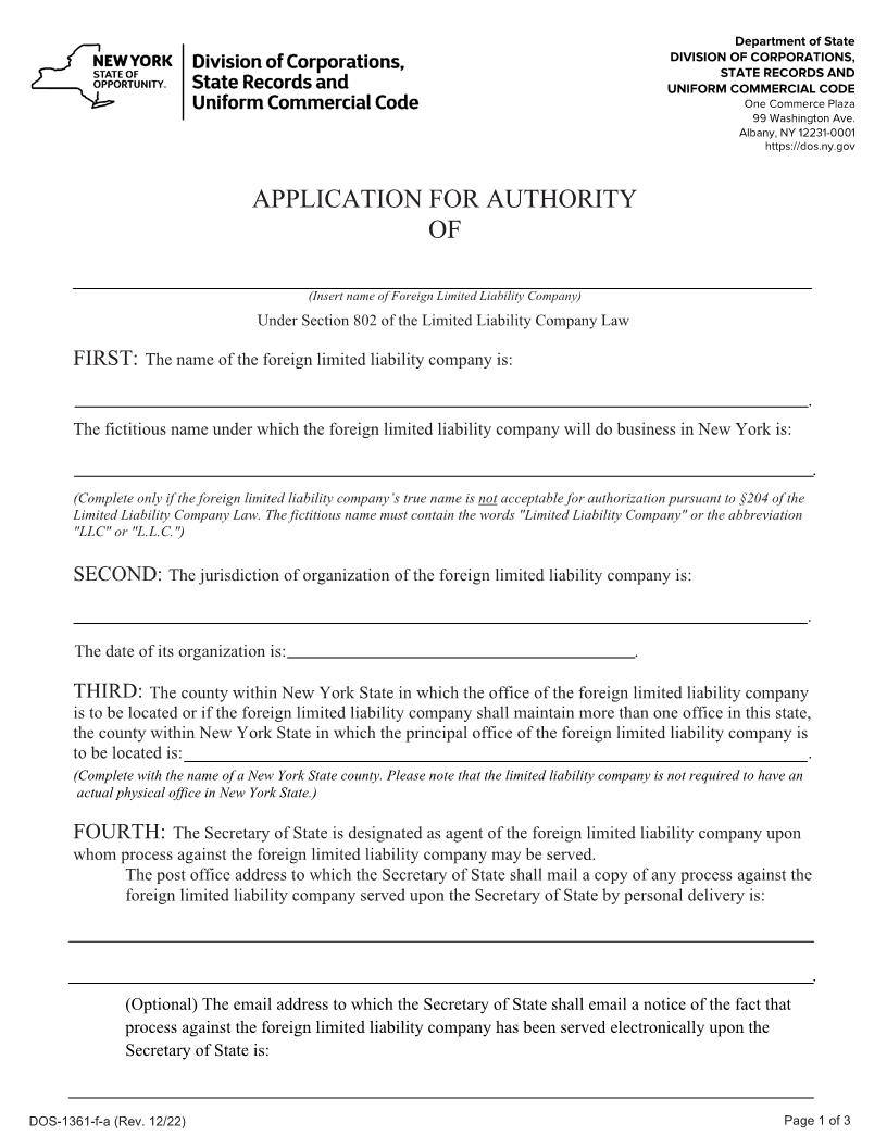 Application For Authority (Foreign LLC) {DOS-1361-f-a} | Pdf Fpdf Docx | New York
