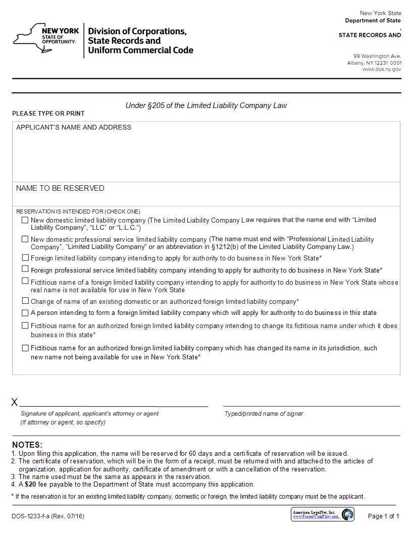 Application For Reservation Of Name {DOS-1233-f-a} | Pdf Fpdf Docx | New York