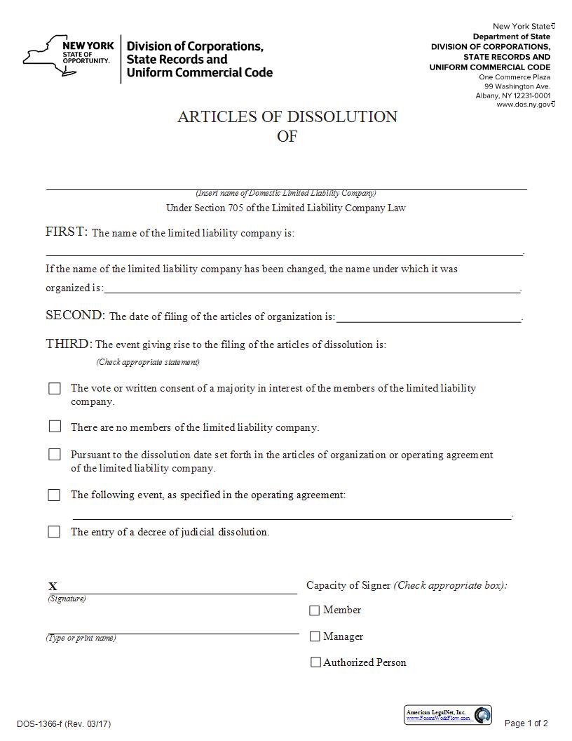 Articles Of Dissolution (Domestic LLC) {DOS-1366-f} | Pdf Fpdf Docx | New York