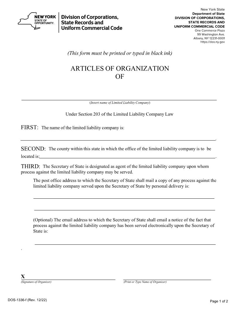 Articles Of Organization {DOS-1336-f} | Pdf Fpdf Doc Docx | New York