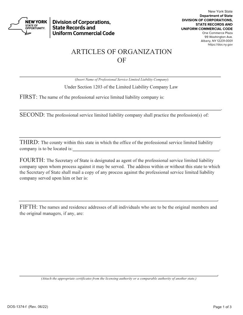 Articles Of Organization Professional Service LLC {DOS-1374-f} | Pdf Fpdf Docx | New York