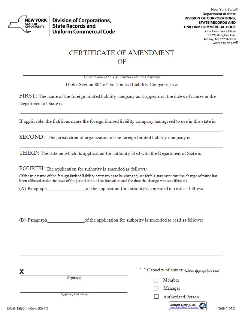 Certificate Of Amendment (Foreign LLC) {DOS-1360-f} | Pdf Fpdf Docx | New York