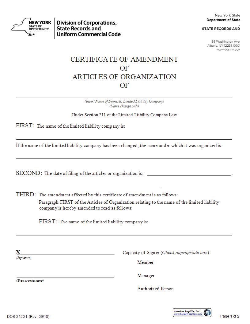 Certificate Of Amendment Of Articles Of Org Dom LLC Name Only {DOS-2120-f} | Pdf Fpdf Docx | New York