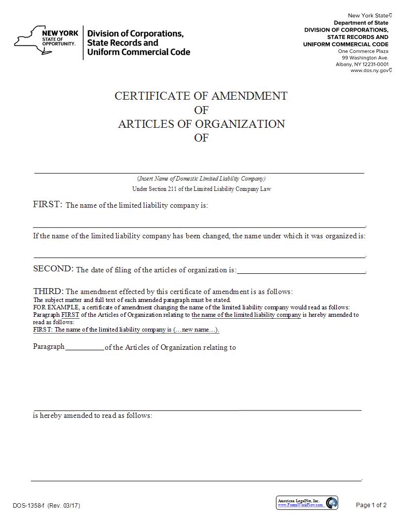 Certificate Of Amendment Of Articles Of Org Domestic LLC {DOS-1358-f} | Pdf Fpdf Docx | New York