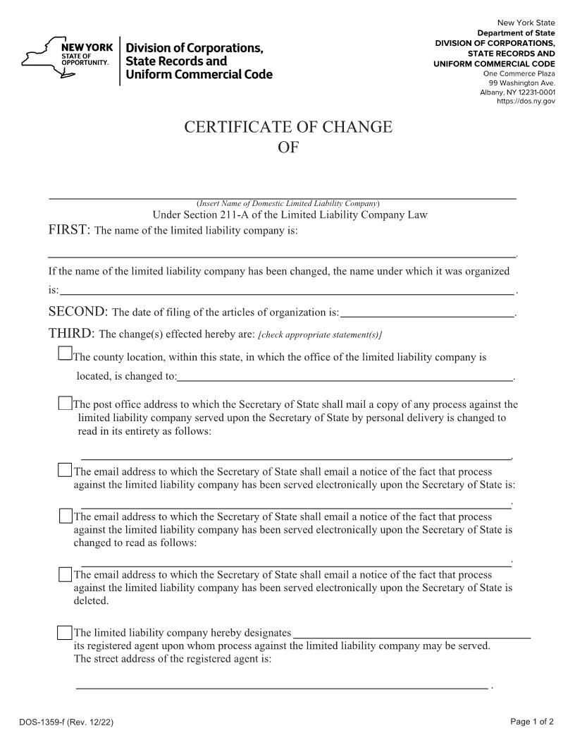 Certificate Of Change (Domestic LLC) {DOS-1359-f} | Pdf Fpdf Docx | New York