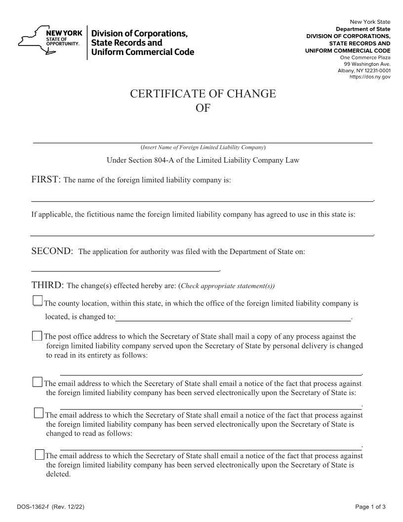 Certificate Of Change (Foreign LLC) {DOS-1362-f} | Pdf Fpdf Docx | New York
