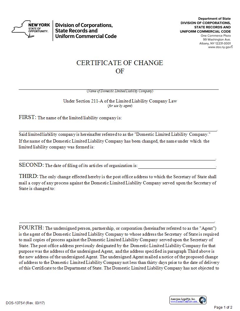Certificate Of Change Of Address Of Registered Agent (Domestic LLC) {DOS-1375-f} | Pdf Fpdf Docx | New York