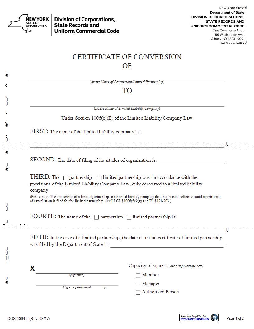 Certificate Of Conversion Of Partnership Or LP To Existing LLC {DOS-1364-f} | Pdf Fpdf Docx | New York