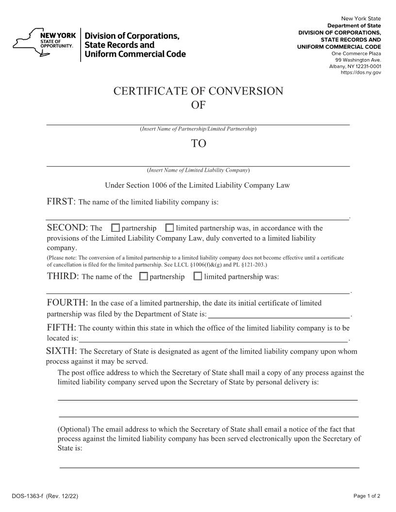 Certificate Of Conversion Of Partnership Or LP To New LLC {DOS-1363-f} | Pdf Fpdf Docx | New York
