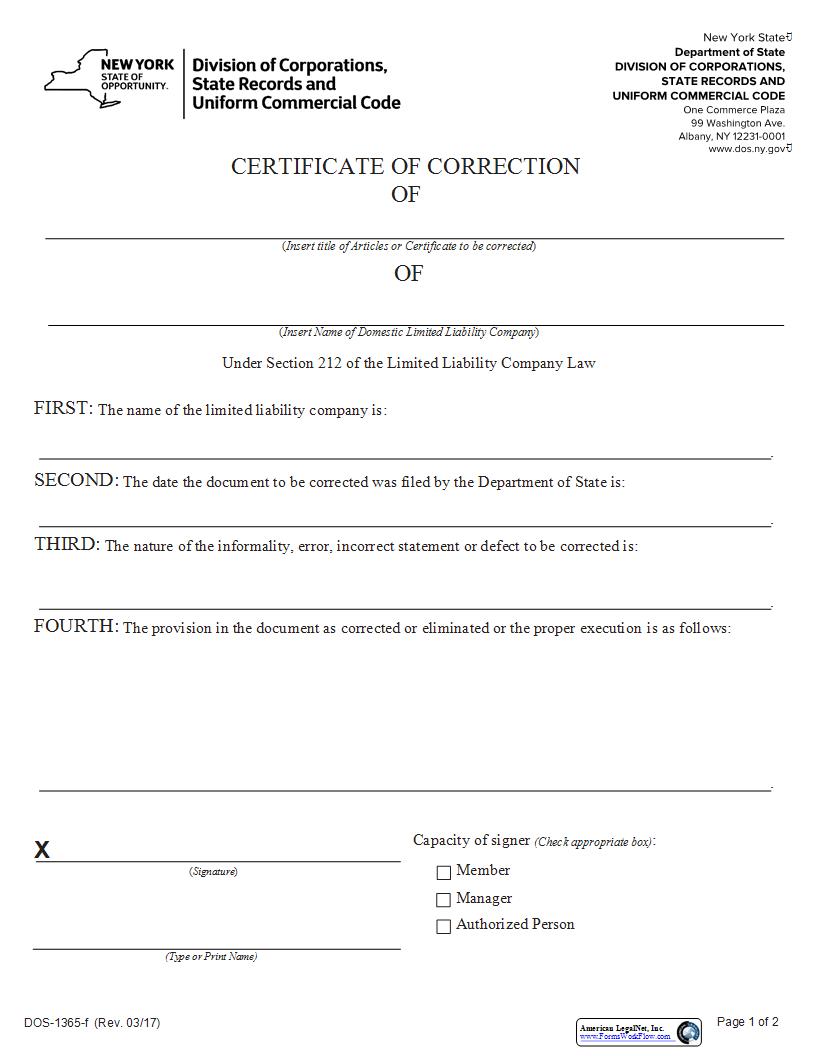 Certificate Of Correction {DOS-1365-f} | Pdf Fpdf Docx | New York