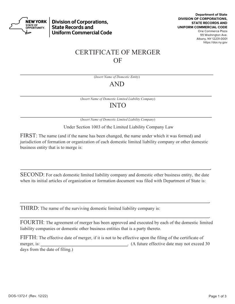 Certificate Of Merger Domestic Entity Domestic LLC Into Domestic LLC {DOS-1372-f} | Pdf Fpdf Docx | New York