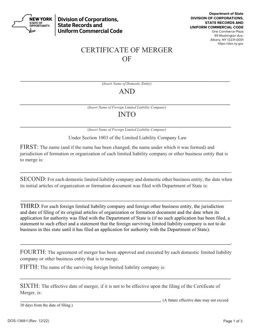 Certificate Of Merger Domestic Entity Foreign LLC Into Foreign LLC {DOS-1368-f} | Pdf Fpdf Docx | New York