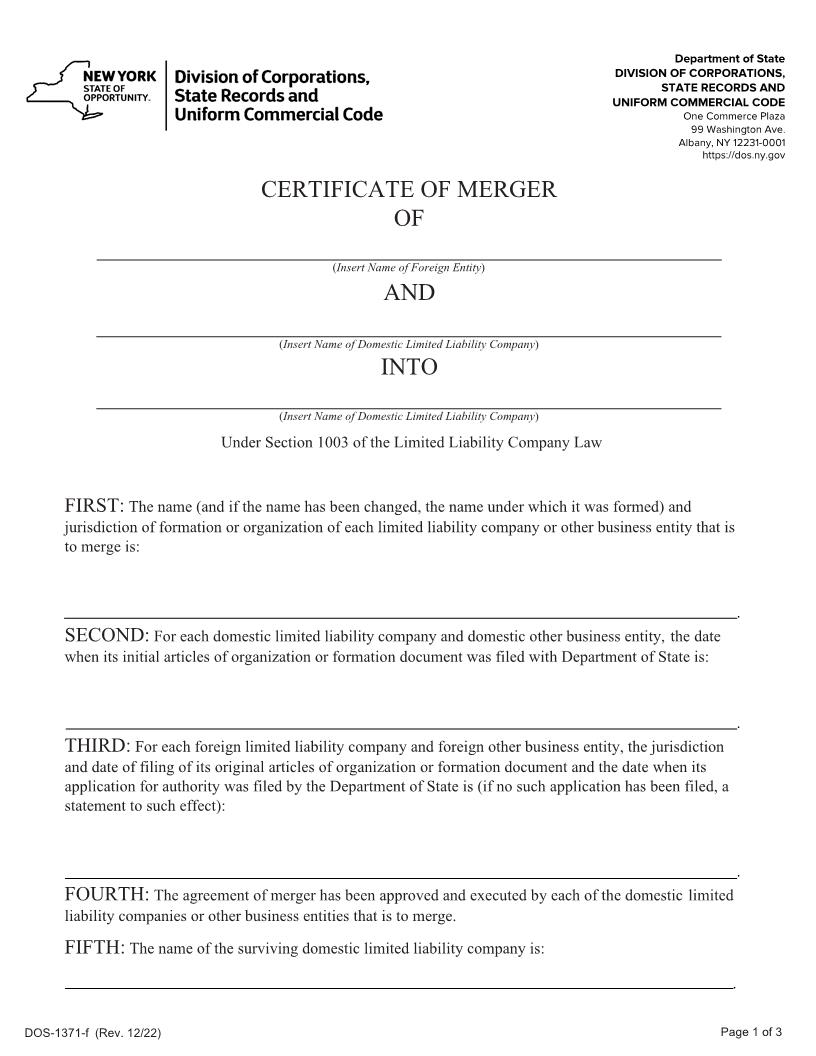 Certificate Of Merger Foreign Entity Domestic LLC Into Domestic LLC {DOS-1371-f} | Pdf Fpdf Docx | New York