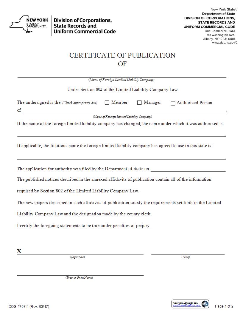 Certificate Of Publication (Foreign LLC) {DOS-1707-f} | Pdf Fpdf Docx | New York