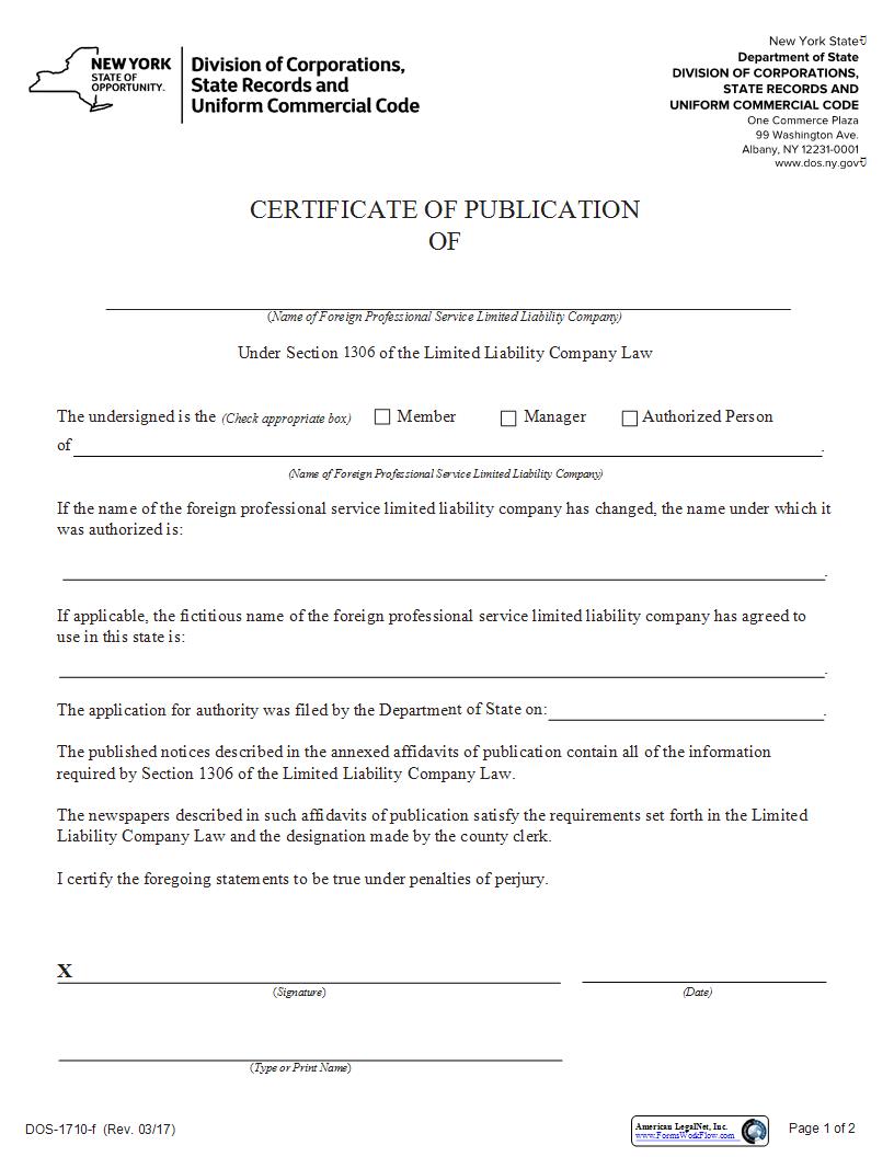 Certificate Of Publication (Foreign Professional Service LLC) {DOS-1710-f} | Pdf Fpdf Docx | New York