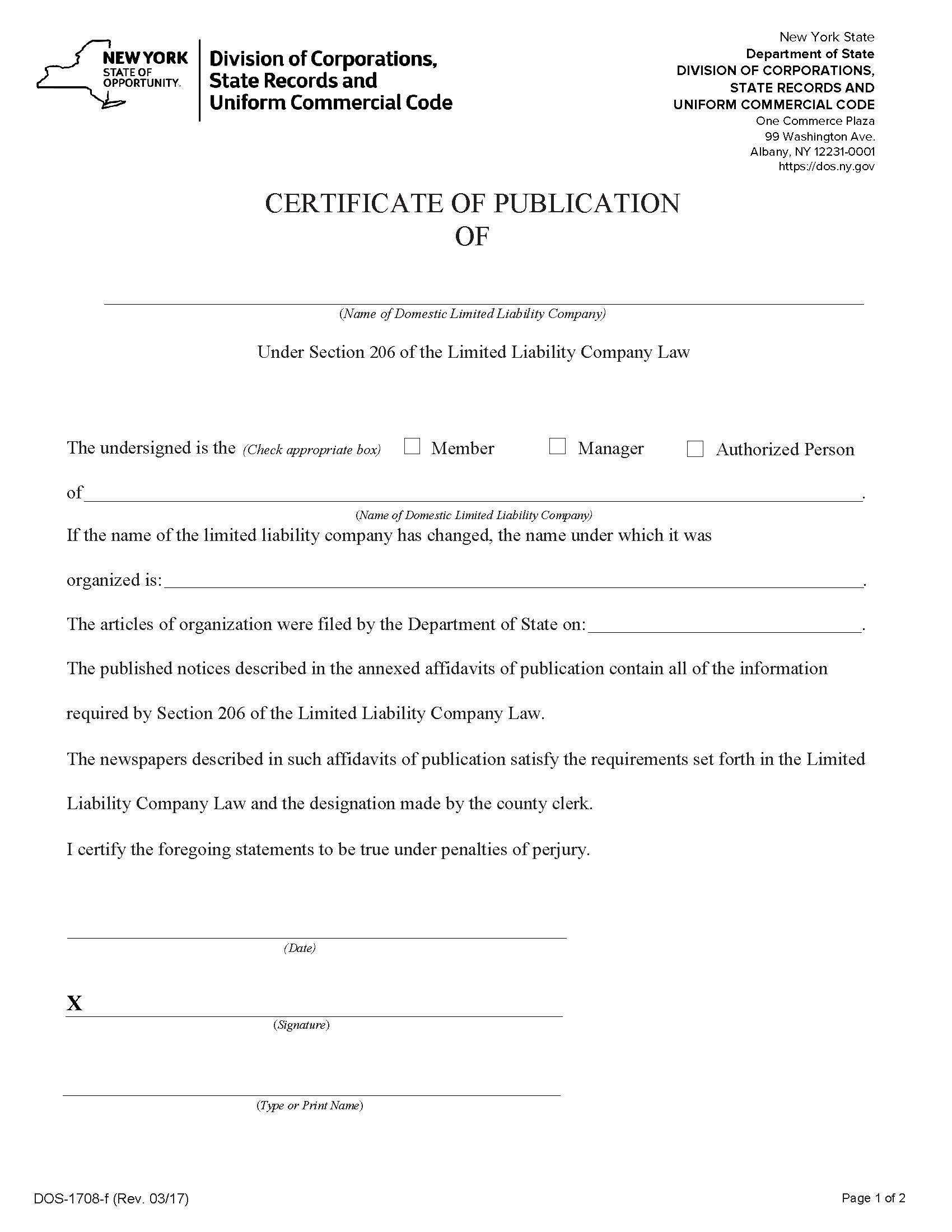 Certificate Of Publication Domestic LLC {DOS-1708-f} | Pdf Fpdf Docx | New York