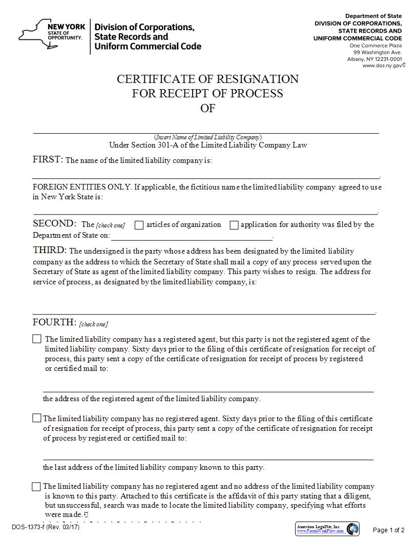Certificate Of Resignation Of Receipt Of Process {DOS-1373-f} | Pdf Fpdf Docx | New York