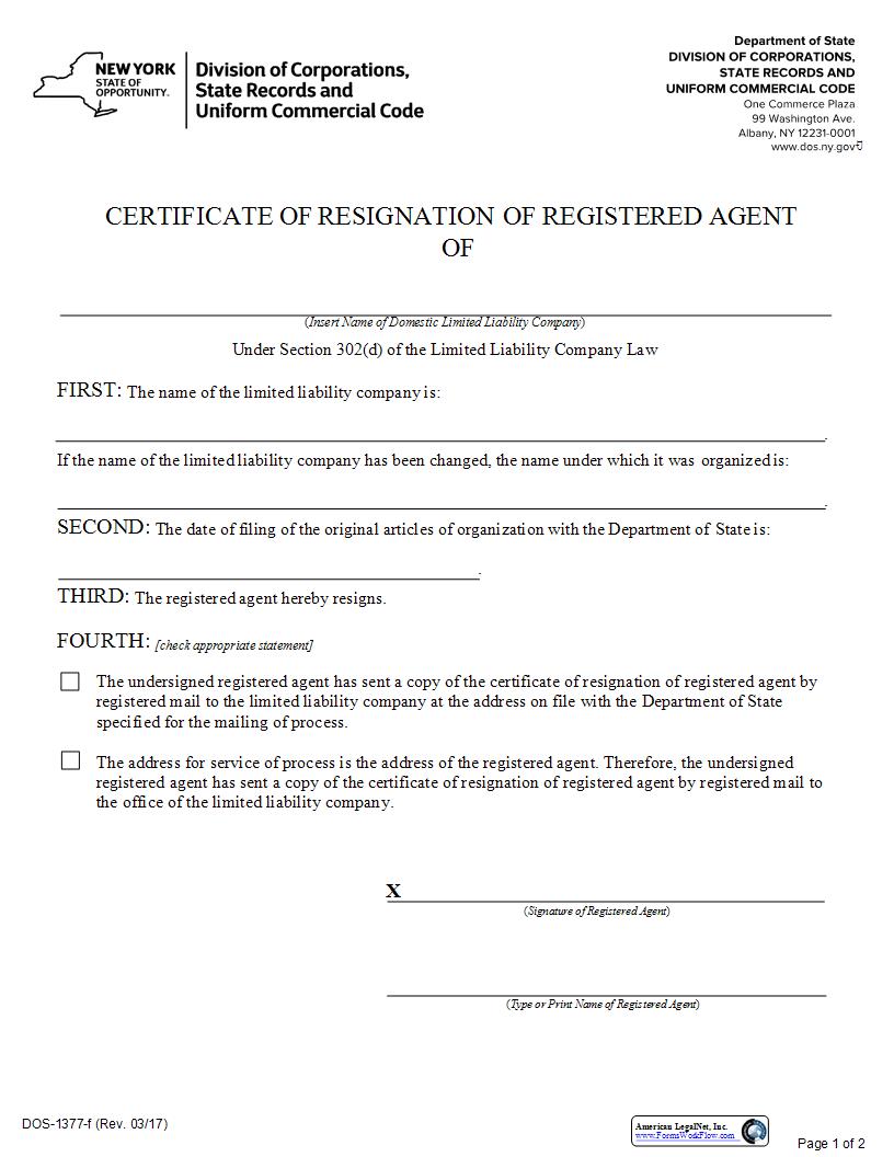 Certificate Of Resignation Of Registered Agent (Domestic LLC) {DOS-1377-f} | Pdf Fpdf Docx | New York