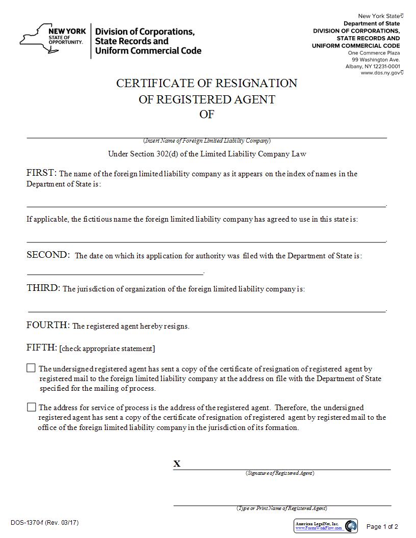 Certificate Of Resignation Of Registered Agent (Foreign LLC) {DOS-1370-f} | Pdf Fpdf Docx | New York