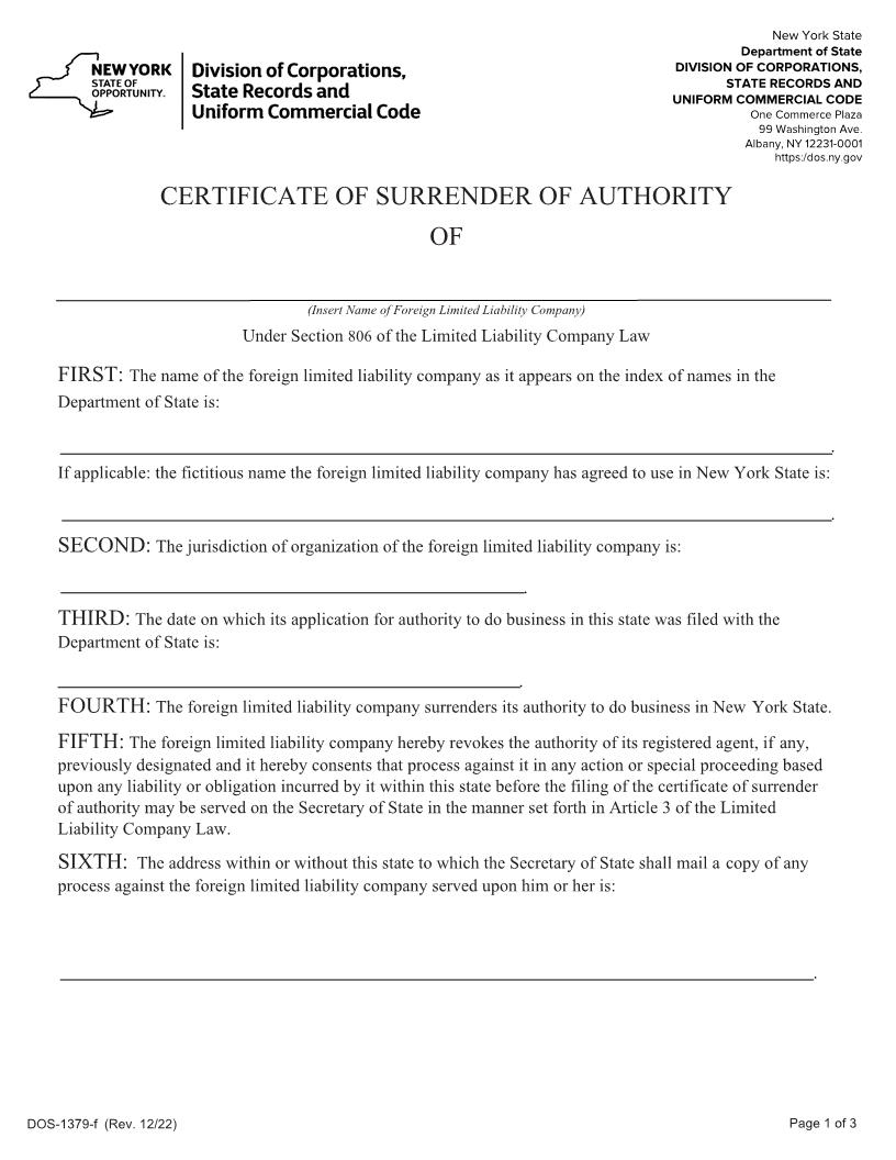 Certificate Of Surrender Of Authority (Foreign LLC) {DOS-1379-f} | Pdf Fpdf Docx | New York