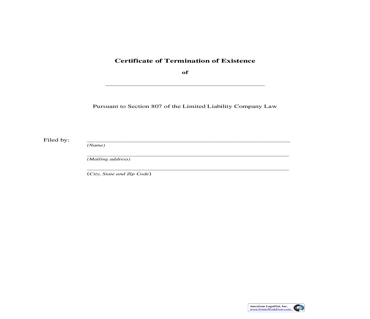 Certificate Of Termination Of Existence Cover Page (LLC) | Pdf Fpdf Doc Docx | New York