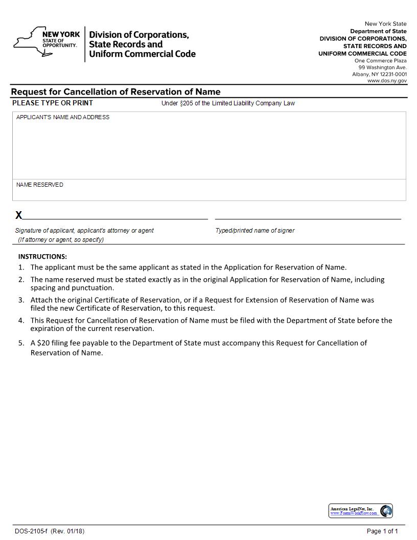 Request For Cancellation Of Reservation Of Name {DOS-2105-f} | Pdf Fpdf Docx | New York
