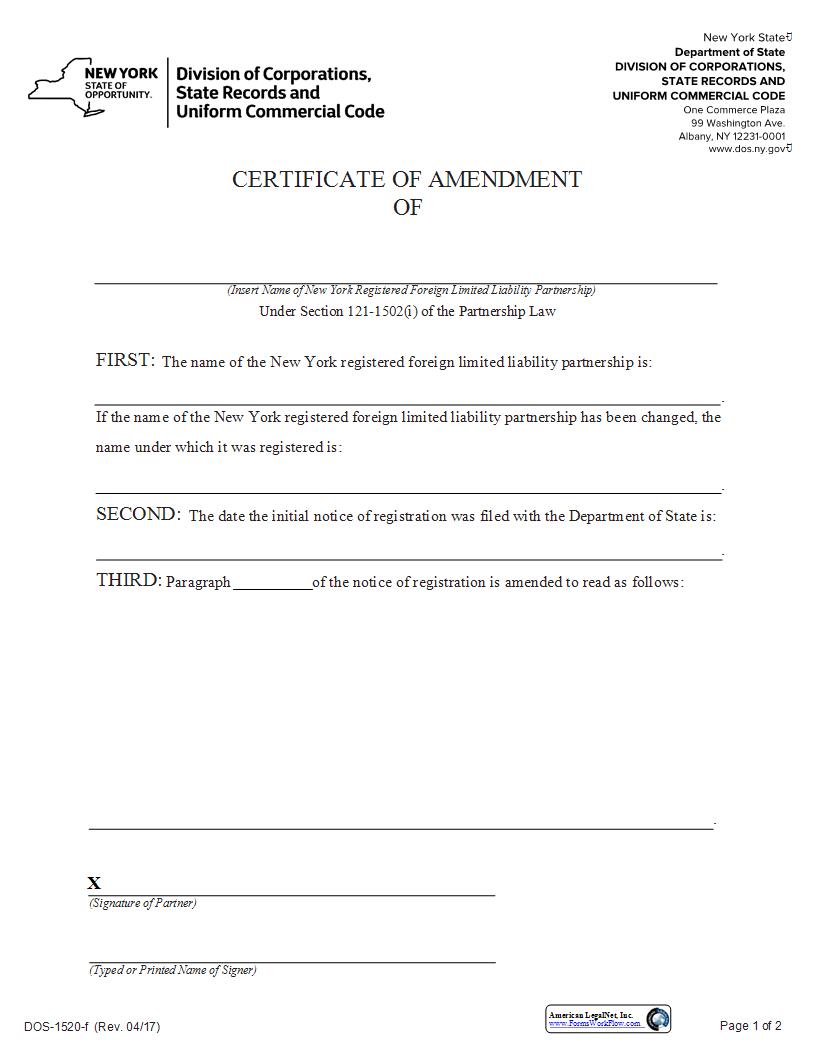 Certificate Of Amendment Foreign LLP {DOS-1520-f} | Pdf Fpdf Docx | New York