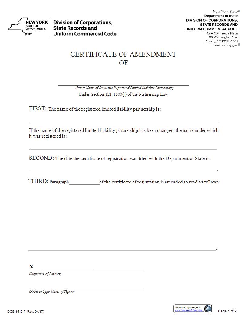 Certificate Of Amendment Of Domestic LLP {DOS-1519-f} | Pdf Fpdf Docx | New York