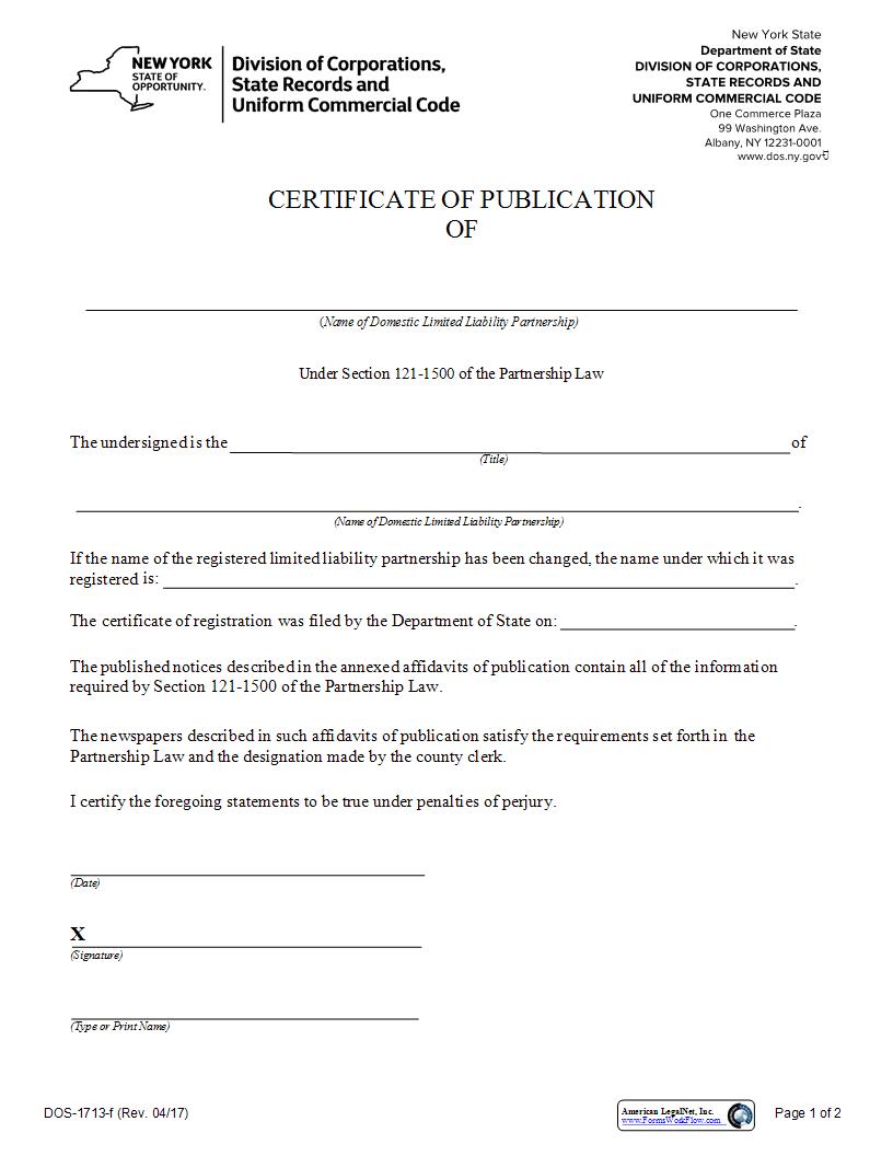 Certificate Of Publication Domestic LLP {DOS-1713-f} | Pdf Fpdf Docx | New York
