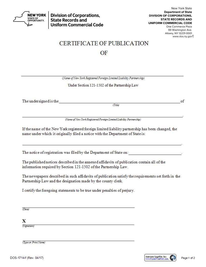 Certificate Of Publication Foreign LLP {DOS-1714-f} | Pdf Fpdf Docx | New York