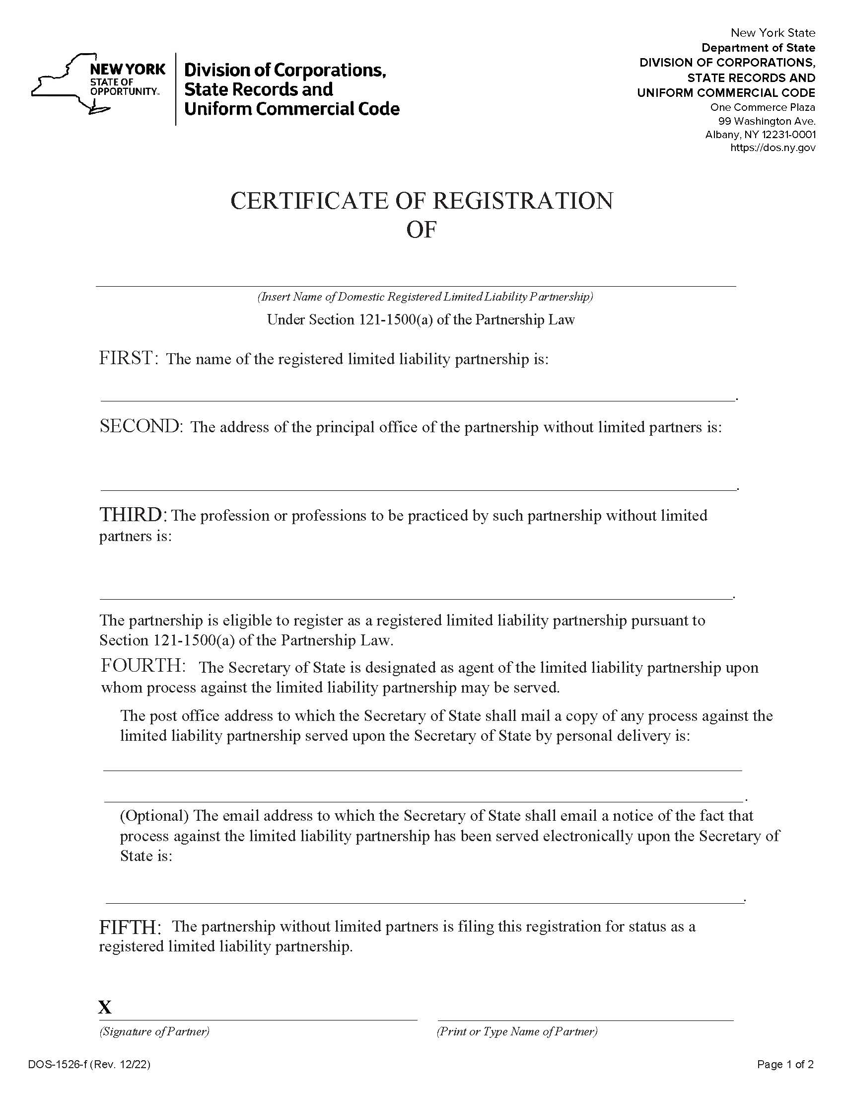 Certificate Of Registration Domestic LLP {DOS-1526-f} | Pdf Fpdf Docx | New York