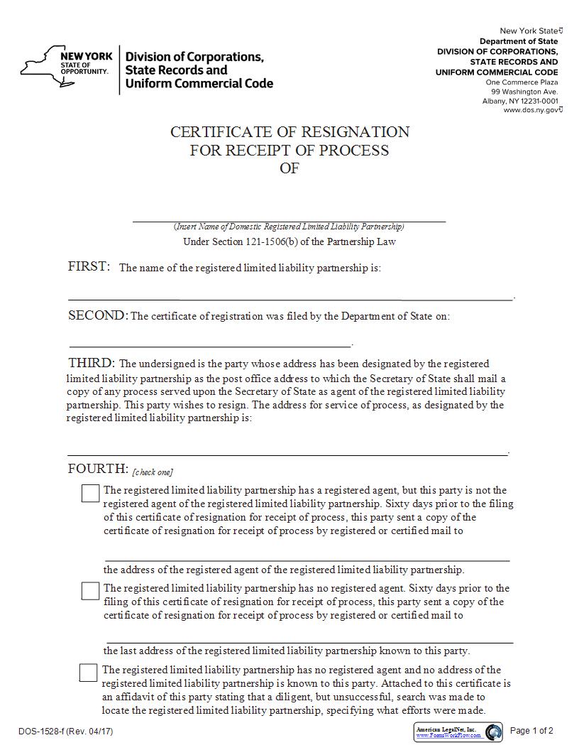 Certificate Of Resignation For Receipt Of Process Domestic LLP {DOS-1528-f} | Pdf Fpdf Docx | New York