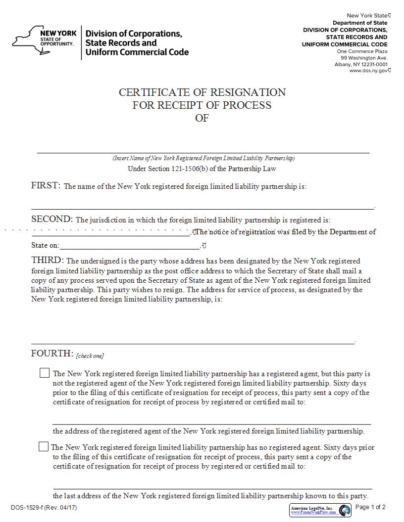 Certificate Of Resignation For Receipt Of Process Foreign LLP {DOS-1529-f} | Pdf Fpdf Docx | New York
