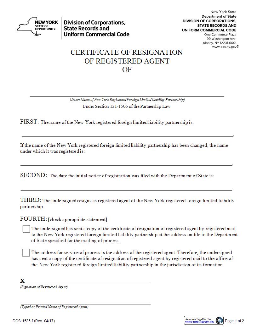 Certificate Of Resignation Of Registered Agent (Foreign LLP) {DOS-1525-f} | Pdf Fpdf Docx | New York