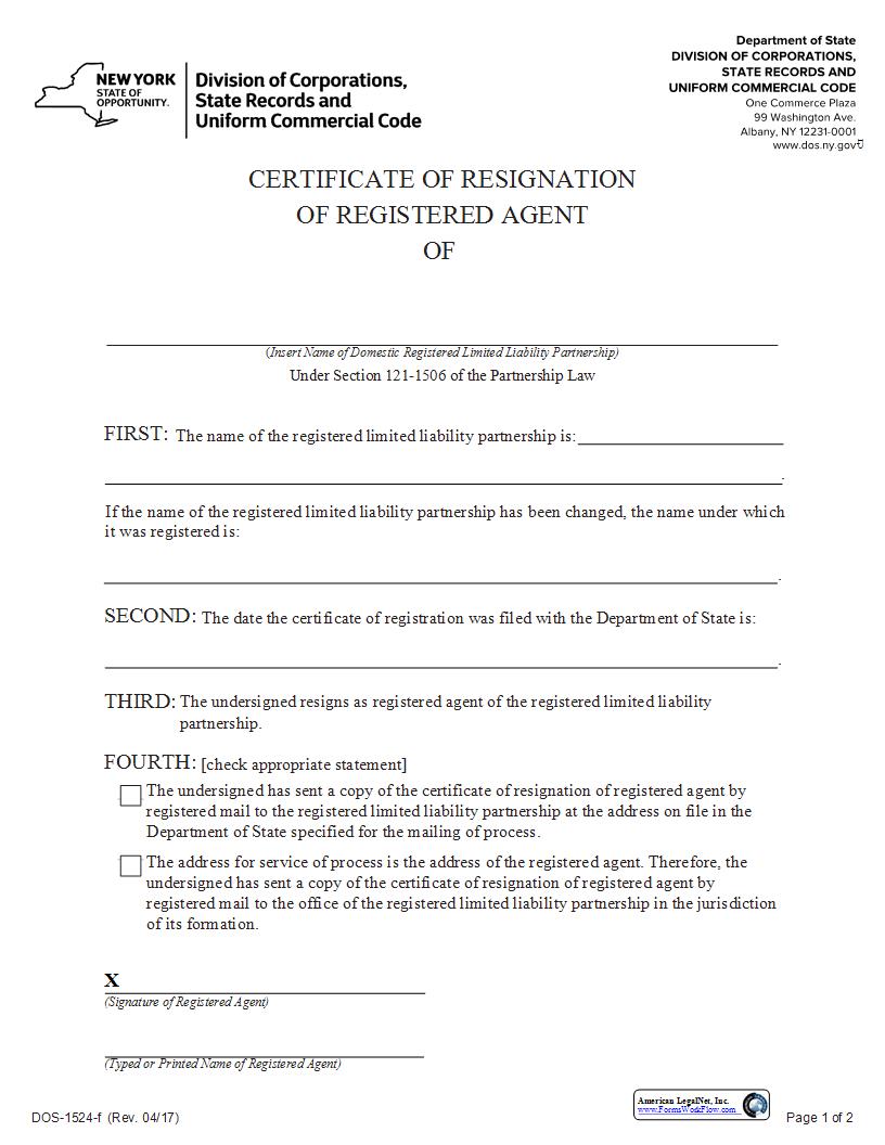 Certificate Of Resignation Of Registered Agent Domestic LLP {DOS-1524-f} | Pdf Fpdf Docx | New York
