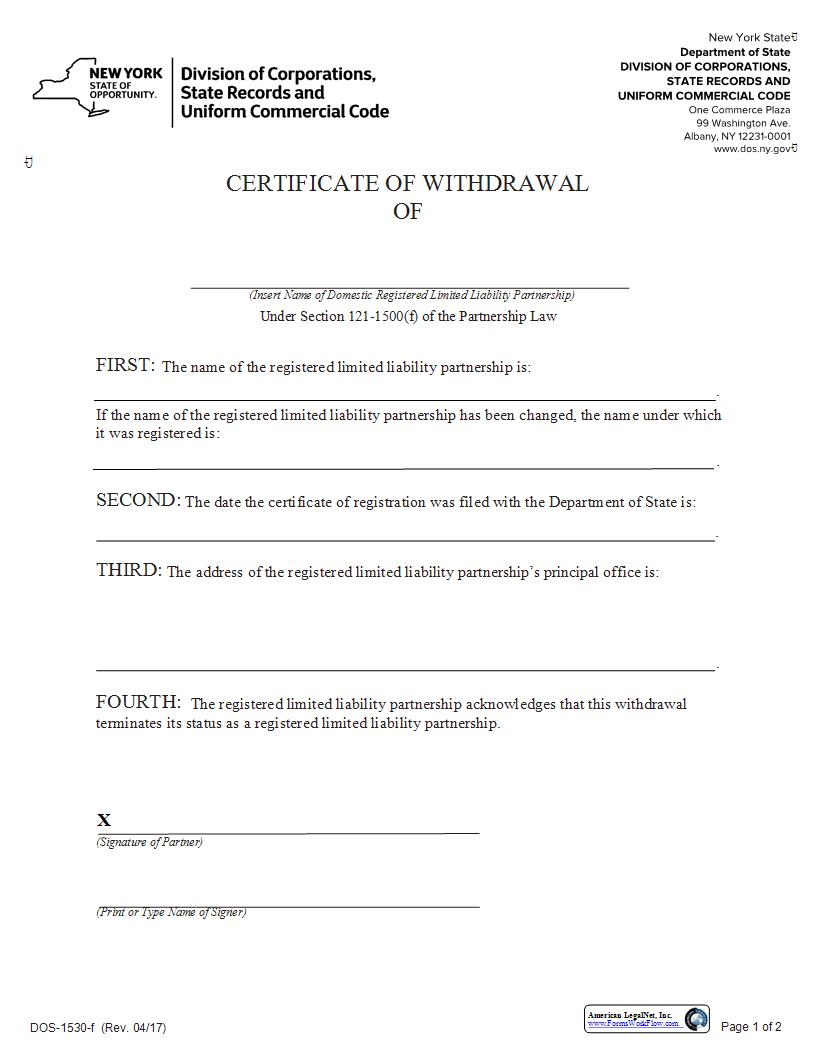 Certificate Of Withdrawal Domestic LLP {DOS-1530-f} | Pdf Fpdf Docx | New York