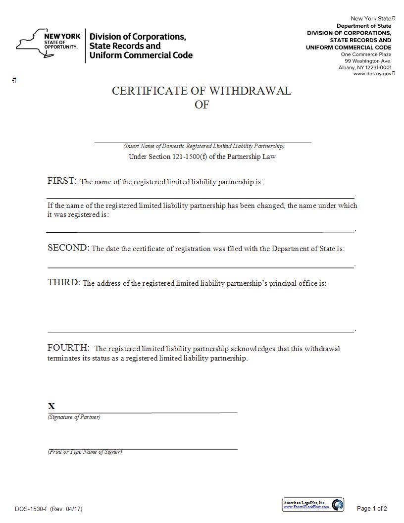 Certificate Of Withdrawal Foreign LLP {DOS-1531-f} | Pdf Fpdf Docx | New York