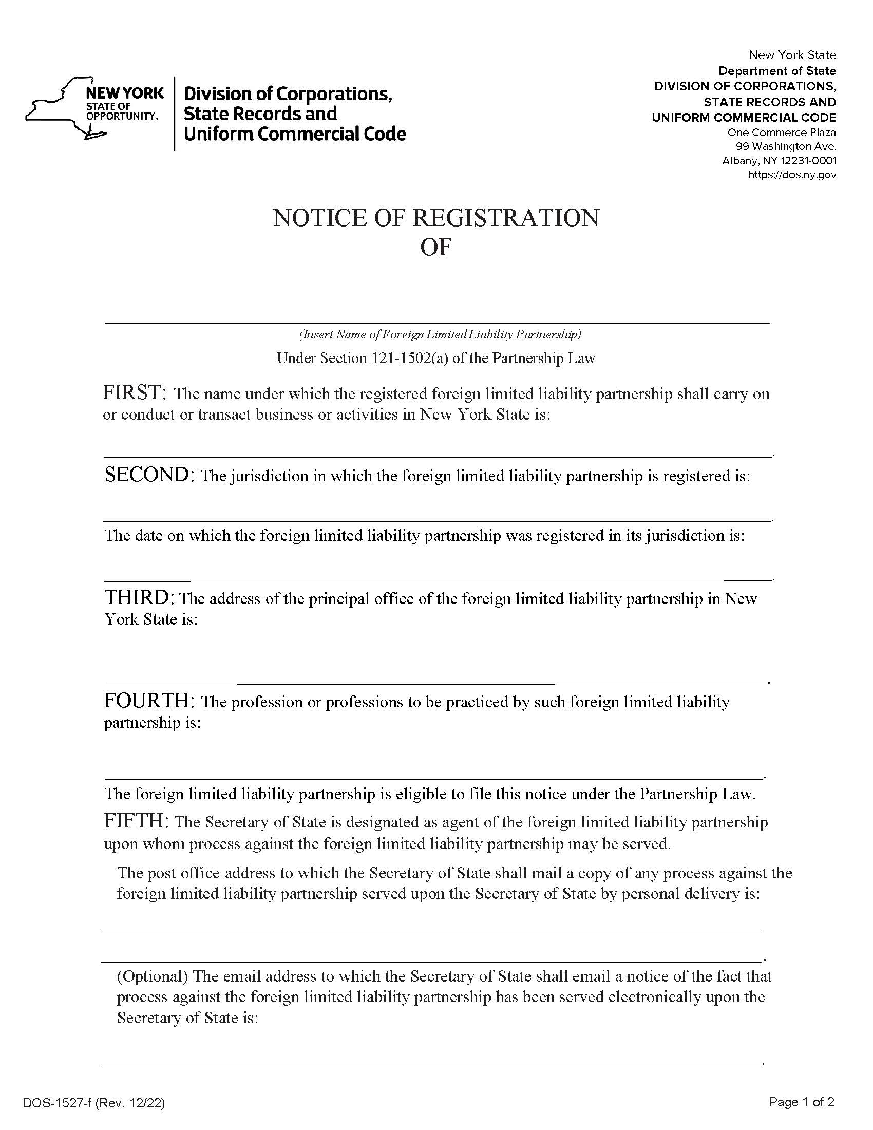 Notice Of Registration Foreign LLP {DOS-1527-f} | Pdf Fpdf Docx | New York