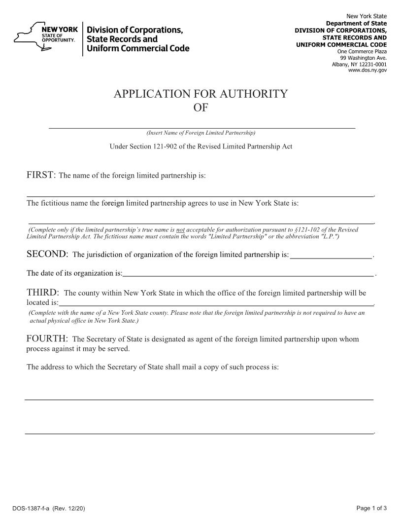 Application For Authority (Foreign LP) {DOS-1387-f-a} | Pdf Fpdf Docx | New York