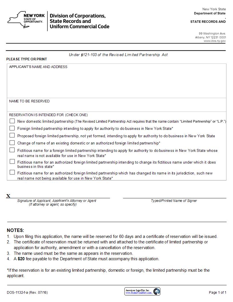 Application For Reservation Of Name LP {DOS-1132-f-a} | Pdf Fpdf Docx | New York